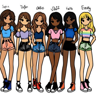 a group of girls wearing crop tops and shorts