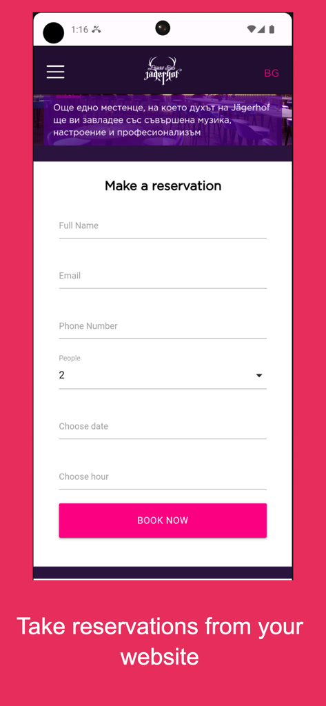 Eine mobile Benutzeroberfläche der Reservation.Tools-App zeigt ein anpassbares Website-Reservierungsformular mit Feldern für Kundendetails, Gruppengröße, Datum und Uhrzeit an.