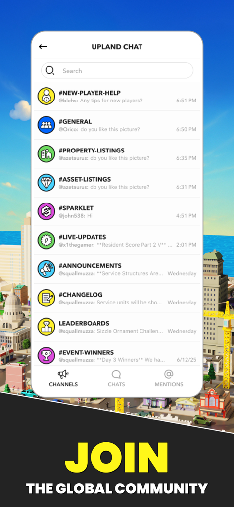 Upland app community chat interface with various channels for players like property listings and live updates