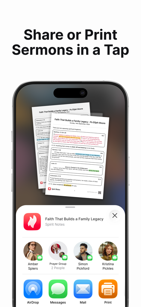 Spirit Notes - Christian Notes - Interface of the Spirit Notes app displaying options to share or print sermon notes directly from a mobile device
