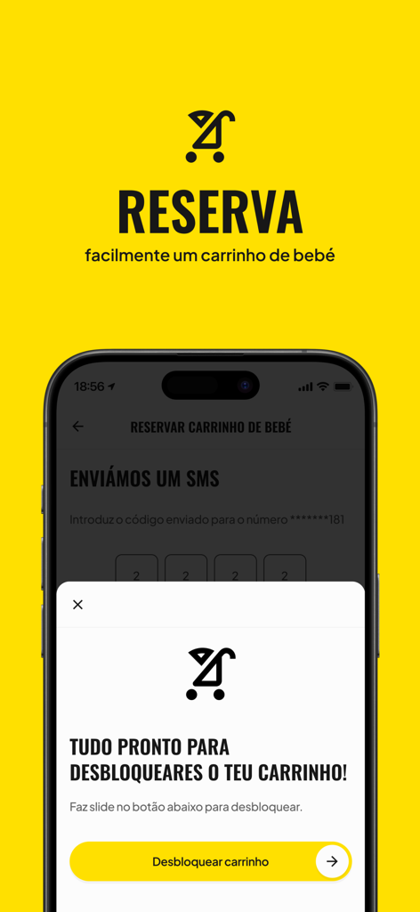 Colombo Loves Me - Interface of the Colombo Loves Me app showing a baby stroller reservation and unlock screen on a yellow background.