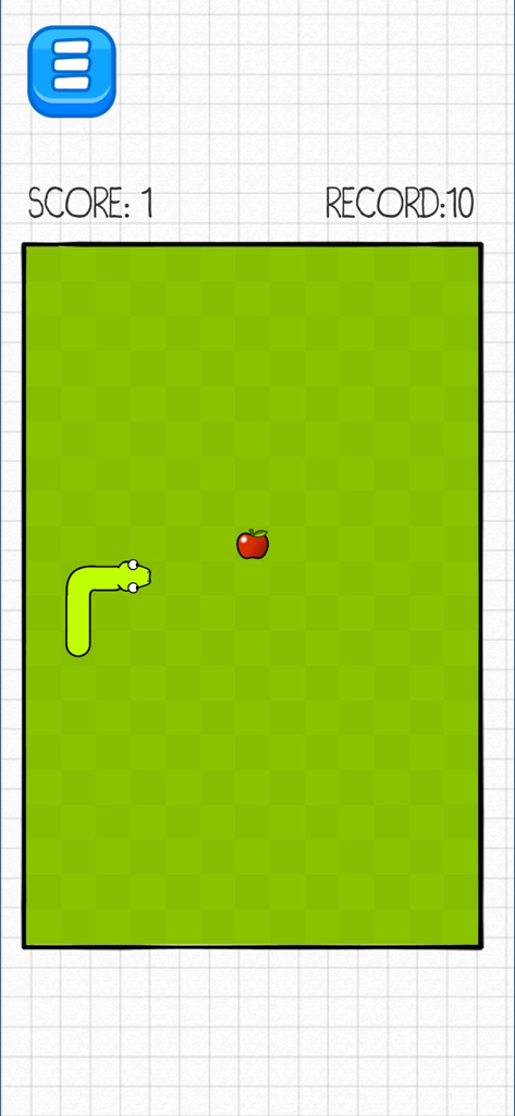 Gameplay screenshot of the classic snake game with a lime green snake and red apple on a checkered green field
