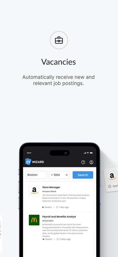 CVwizard: Online CV maker - A mobile app interface from CVwizard showing a job search screen with vacancies for store manager and payroll positions