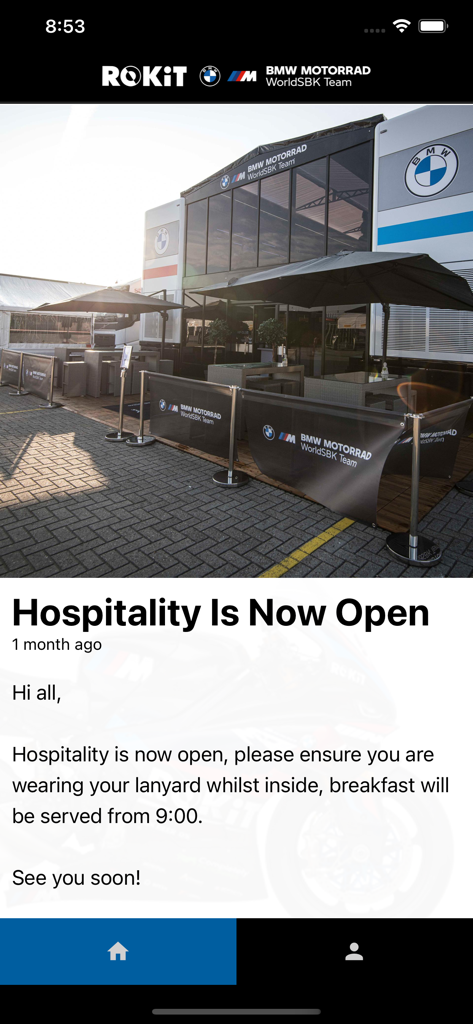 ROKiT BMW Motorrad WorldSBK - Tela do aplicativo ROKiT BMW Motorrad WorldSBK anunciando a abertura da hospitalidade para convidados.