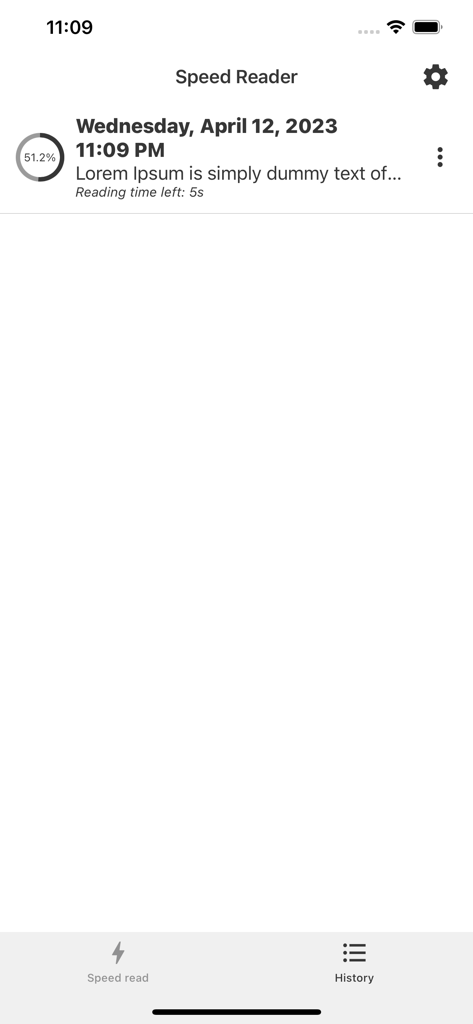 Speed Reader for Speed Reading - The history screen of the Speed Reader app displaying a list of previously read text with a progress percentage and remaining reading time.