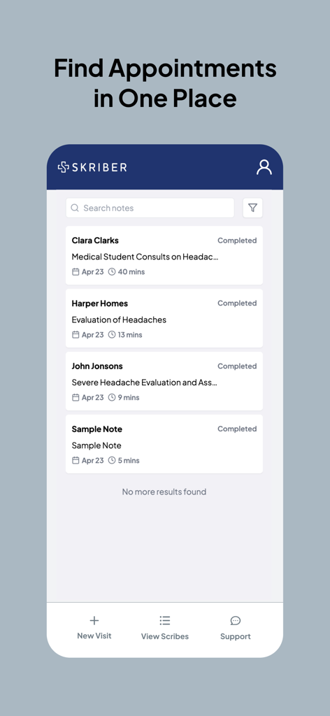 Mobile app interface displaying a list of completed patient appointments and medical notes with names like Clara Clarks and Harper Homes