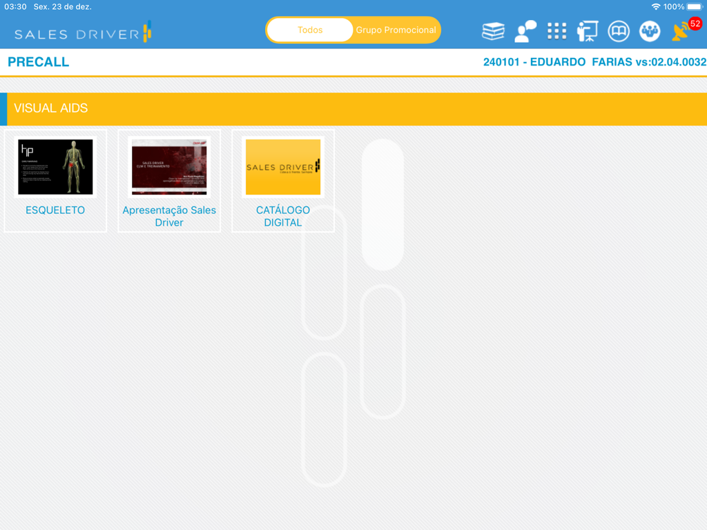 SalesDriver app interface on iPad showing the Visual Aids section with digital catalog and presentation modules.