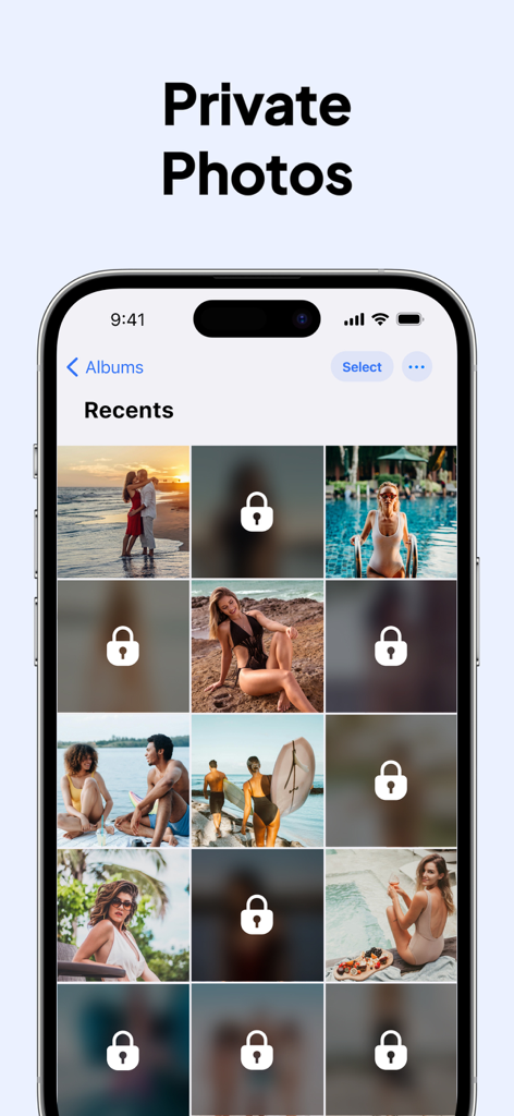 Une galerie photo sécurisée dans l'application Super App Lock montrant des images floues avec des icônes de cadenas pour la protection de la vie privée.