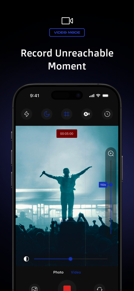 Ultra Camera 200x - Super Zoom - A screenshot of the Ultra Camera app showing video mode with a 150x zoom on a concert stage performer