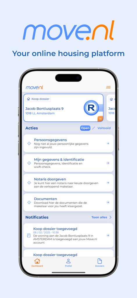 Dashboard der Move.nl-App, das Immobilien-Transaktionsmanagement und Hauskauf-Dokumente anzeigt