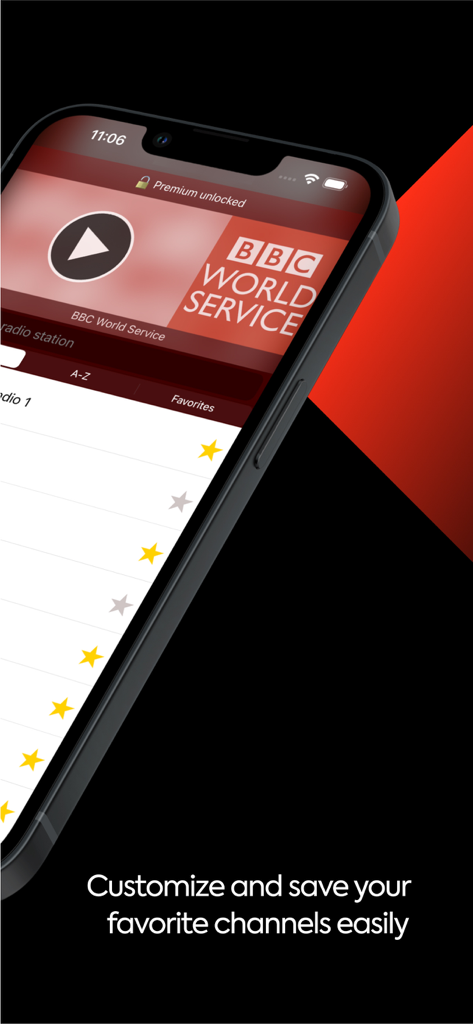 Radio UK app interface showing the BBC World Service station and a list of favorite British radio channels