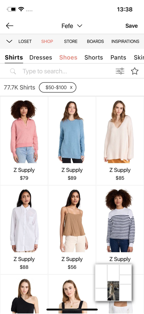 Oberfläche der Wishi Styling App zeigt einen Bekleidungsgeschäft-Katalog mit Hemden und Preisfiltern für professionelle Stylisten