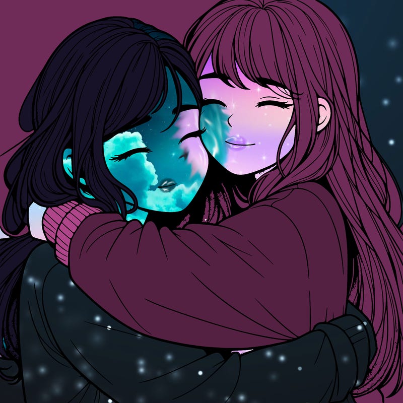 realistic two girls hugging