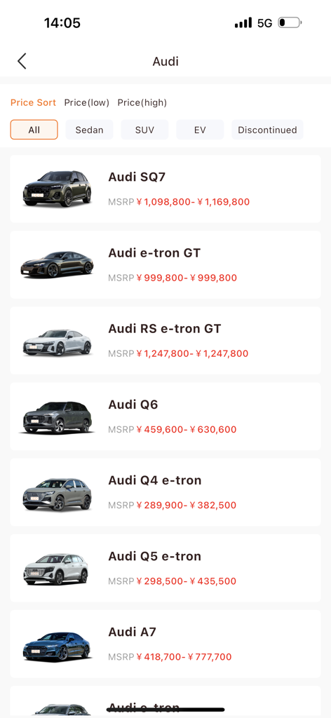 Huge Auto - A list of Audi car models including the SQ7 and e-tron GT with price ranges in Chinese Yuan on the Huge Auto mobile app interface.