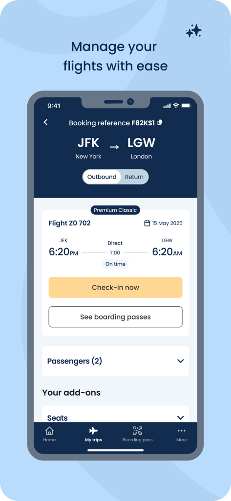 Norse Atlantic Airways app interface showing flight management and check-in options for a New York to London flight