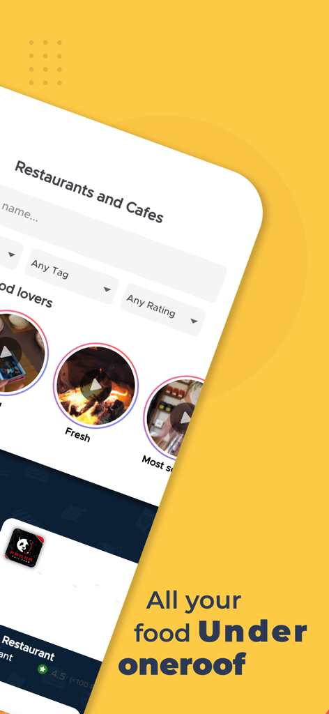 Mobile screen of the Falik app showcasing local restaurant and cafe delivery options with the slogan all your food under one roof