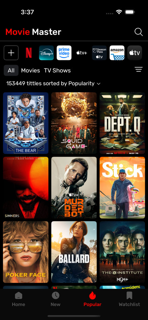 Interface de l'application MovieX montrant les films et séries populaires avec des filtres de services de streaming.