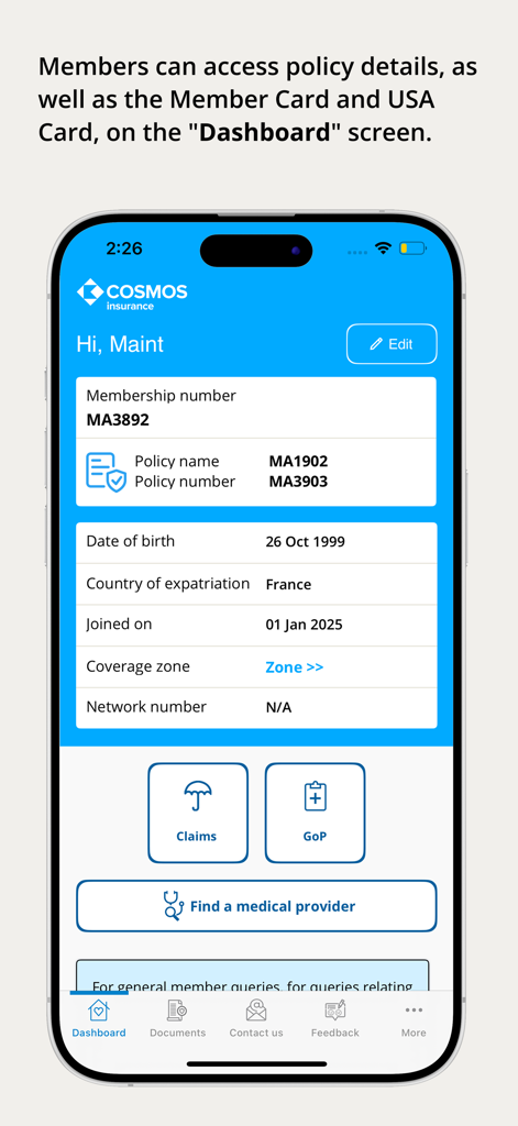 Cosmos Insurance app dashboard showing membership policy details and medical provider search