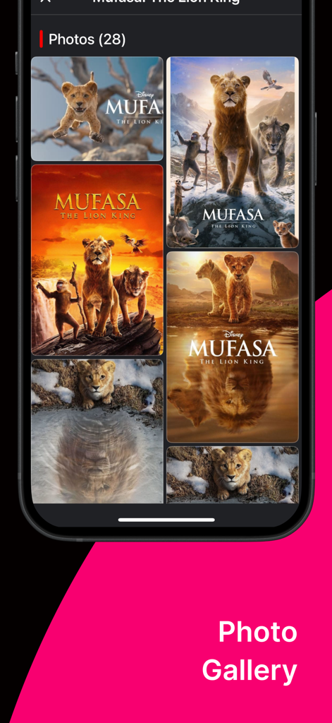 Binge Me - Binge Me app interface showing a photo gallery of movie posters for Mufasa The Lion King