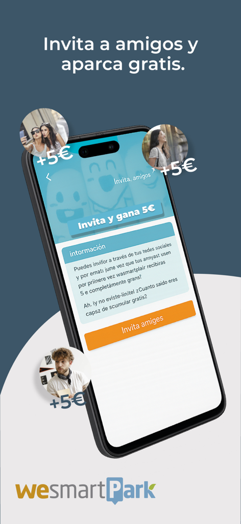 Pantalla de smartphone mostrando el programa de referidos de wesmartPark con un botón para invitar amigos y incentivos de reembolso.