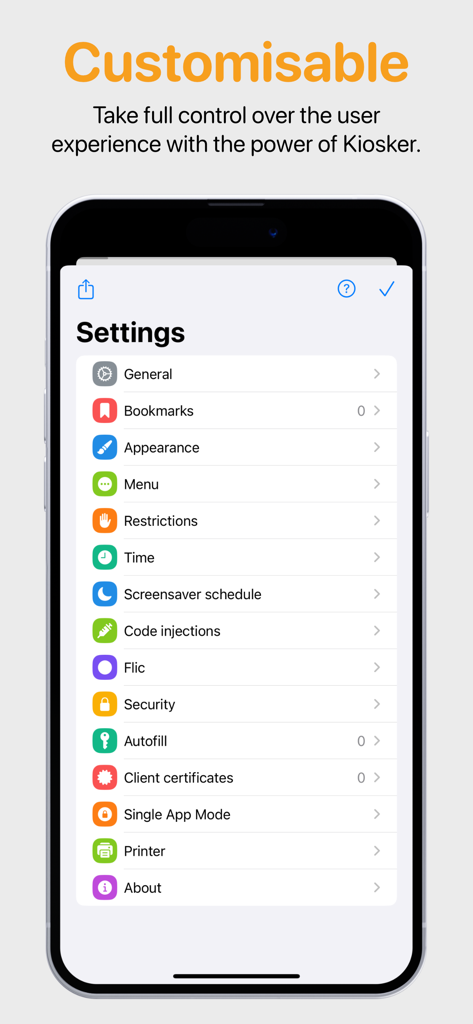 Menu delle impostazioni dell'app Kiosker che mostra opzioni di personalizzazione come restrizioni e modalità app singola