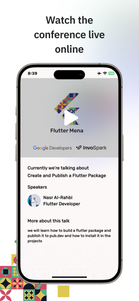 Flutter MENA Online Conference - 플러터 개발자 컨퍼런스 세션의 라이브 비디오 스트림을 보여주는 모바일 앱 인터페이스