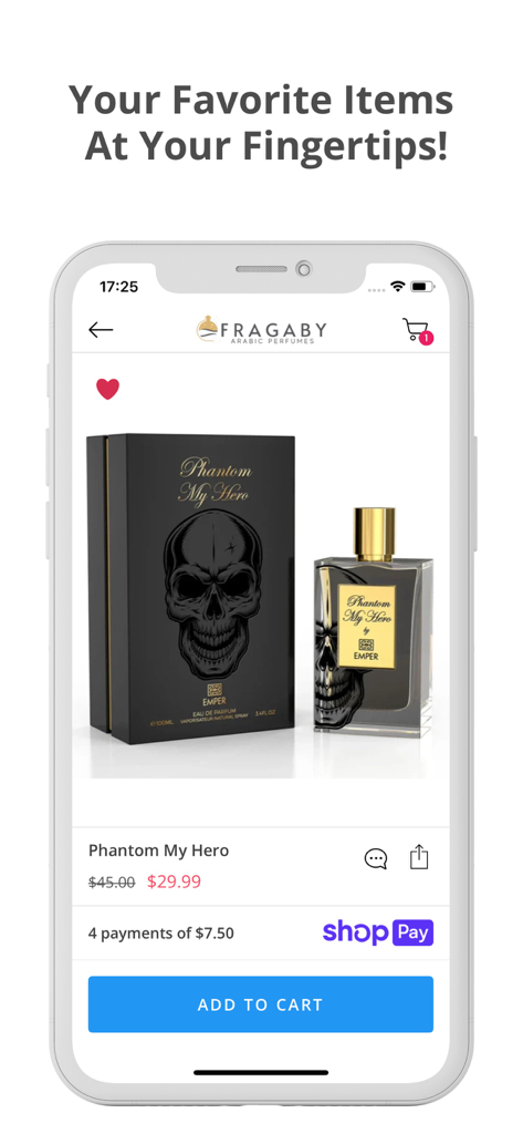 Fragaby Perfumes - Fragaby mobile app showing the Phantom My Hero perfume product page with price and add to cart button.