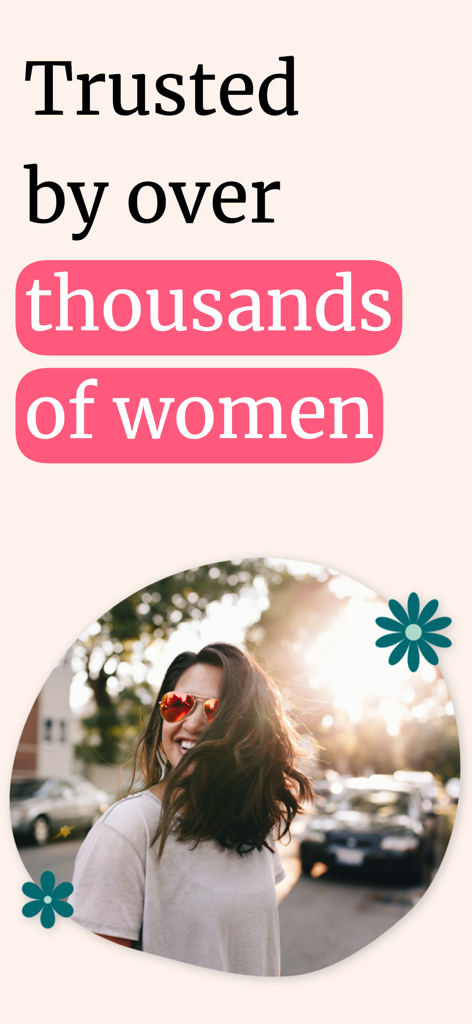 Rise, Period Tracker, Calendar - Promotional screen for Rise period tracker app featuring a happy woman and text saying Trusted by over thousands of women