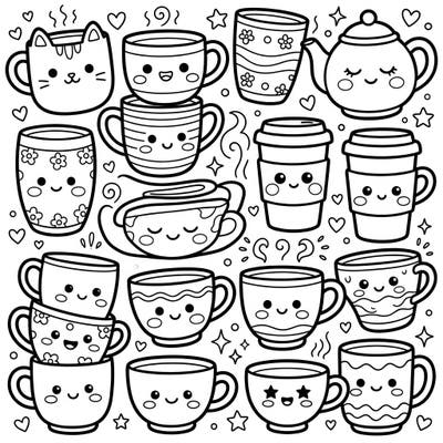 Explore a delightful collection of Kawaii Mugs & Cups, each bursting with charm and ready for your artistic touch. This adorable coloring page promises hours of relaxing fun for all ages.