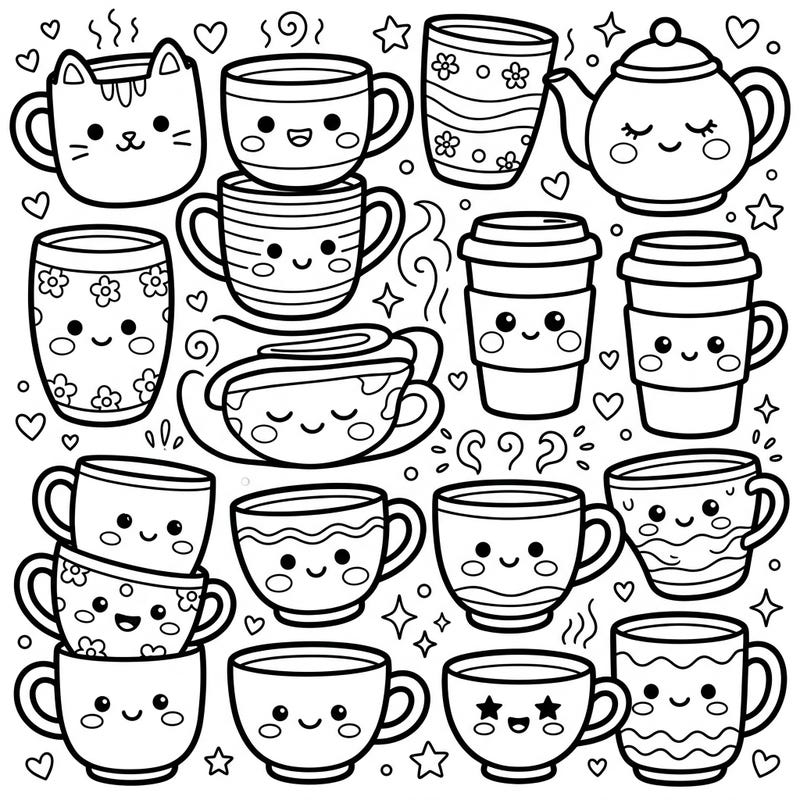 Explore a delightful collection of Kawaii Mugs & Cups, each bursting with charm and ready for your artistic touch. This adorable coloring page promises hours of relaxing fun for all ages.