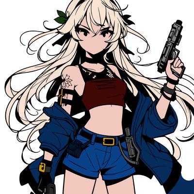 bad girl wearing crop top holding a gun long hair anime