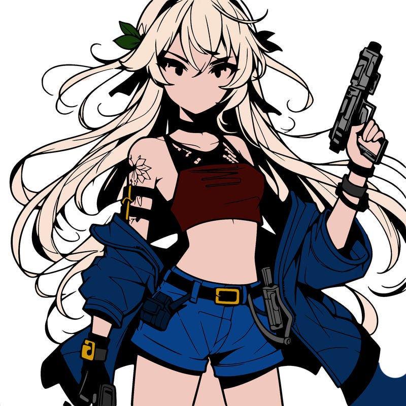 bad girl wearing crop top holding a gun long hair anime