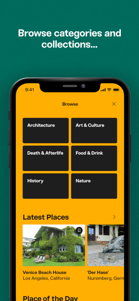 Atlas Obscura Travel Guide - Atlas Obscura app browse screen showing niche travel categories like Architecture History and Death and Afterlife