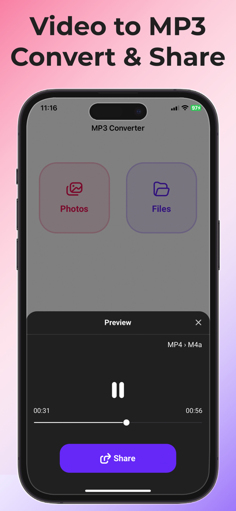 MP3 Converter Video to Mp3 - 사진 또는 로컬 저장소에서 동영상 파일을 선택하고 오디오 추출을 미리 볼 수 있는 인터페이스를 보여주는 MP3 변환기 앱의 스크린샷.