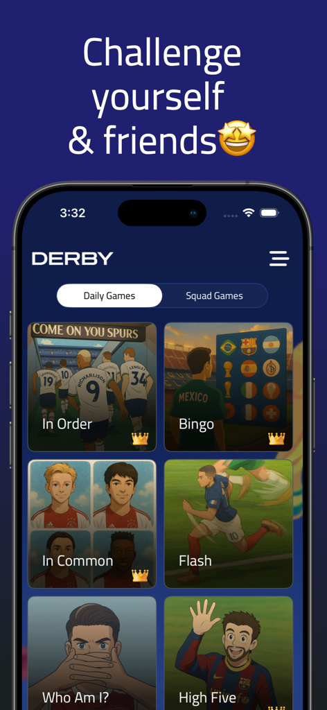 Derby: Football Trivia - ダービー フットボール トrivia アプリのホーム画面。ビンゴやフラッシュなどのさまざまなデイリーゲームモードのイラスト付きタイルが表示されている。