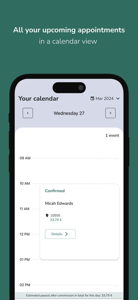 Captura de pantalla de la aplicación Helpling Partner que muestra la vista del calendario con una cita de limpieza confirmada que incluye el nombre del cliente y el precio.