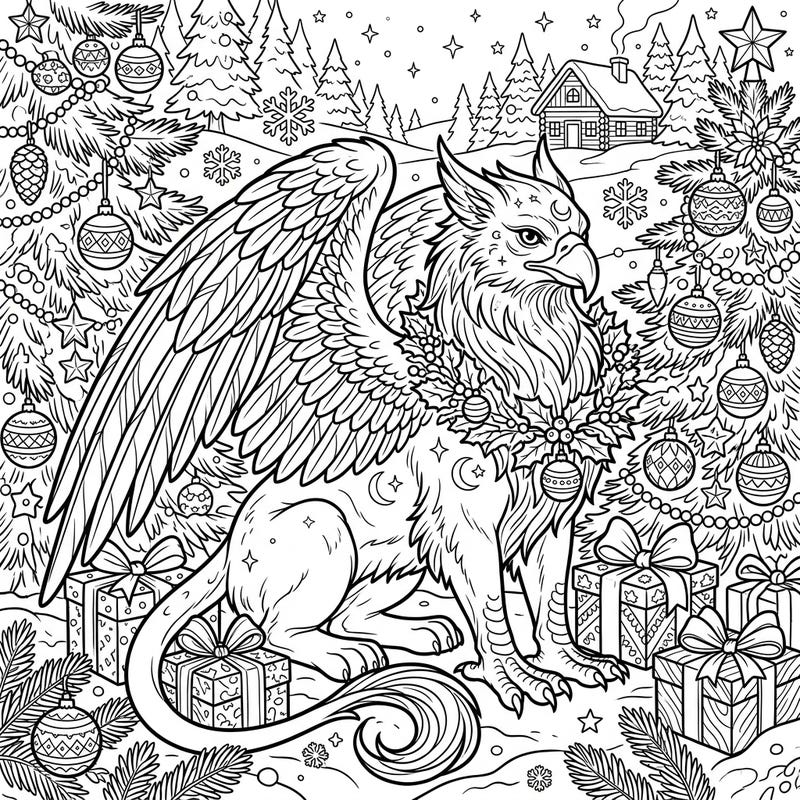 Dive into a unique holiday adventure with this stunning Shadow Griffin Christmas coloring page, perfect for fantasy lovers and festive spirits alike. This intricate design combines the mystery of a griffin with the joyful essence of the Christmas season.