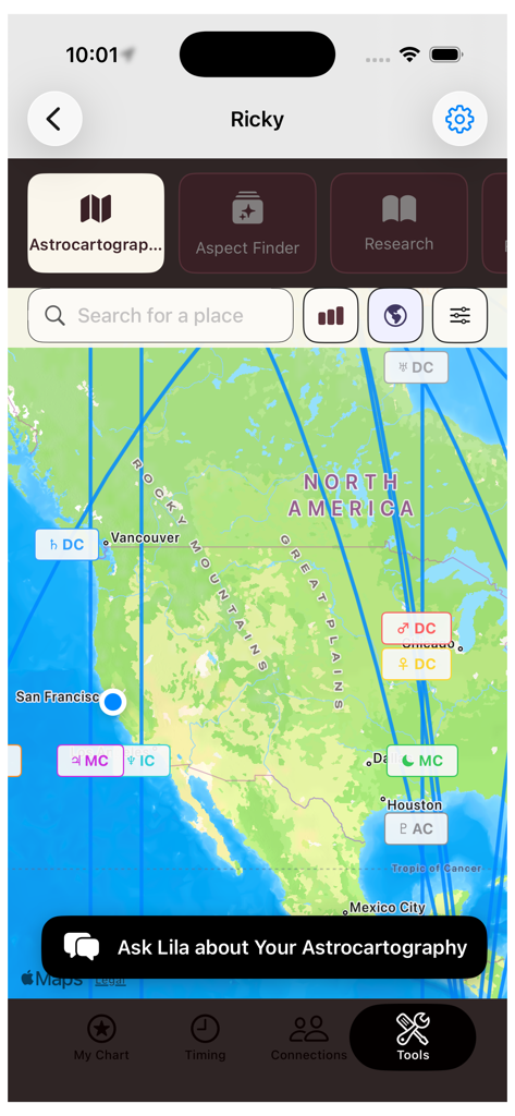 Lila Pro: Astrology Tools - Lila Pro app interface showing an interactive astrocartography map with planetary lines across North America.