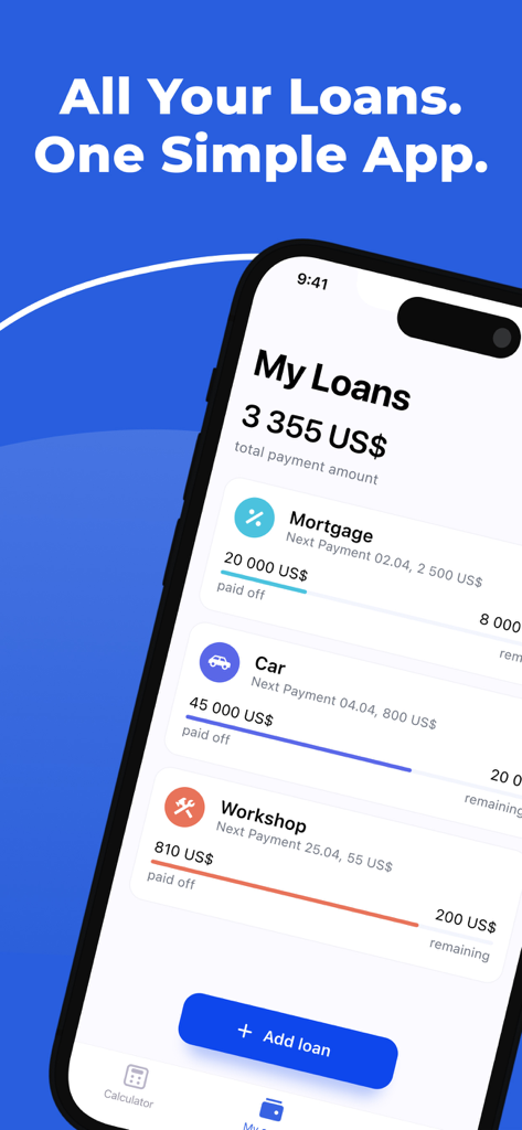Mobile app dashboard showing a list of loans including mortgage and car loan with payment progress bars