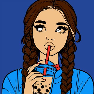 realistic girl with braided hair drinking boba