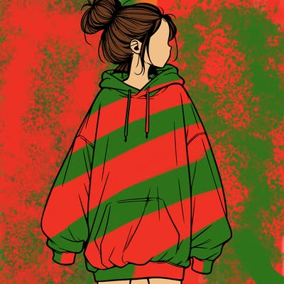 realistic girl with a oversized sweatshirt on and a bun