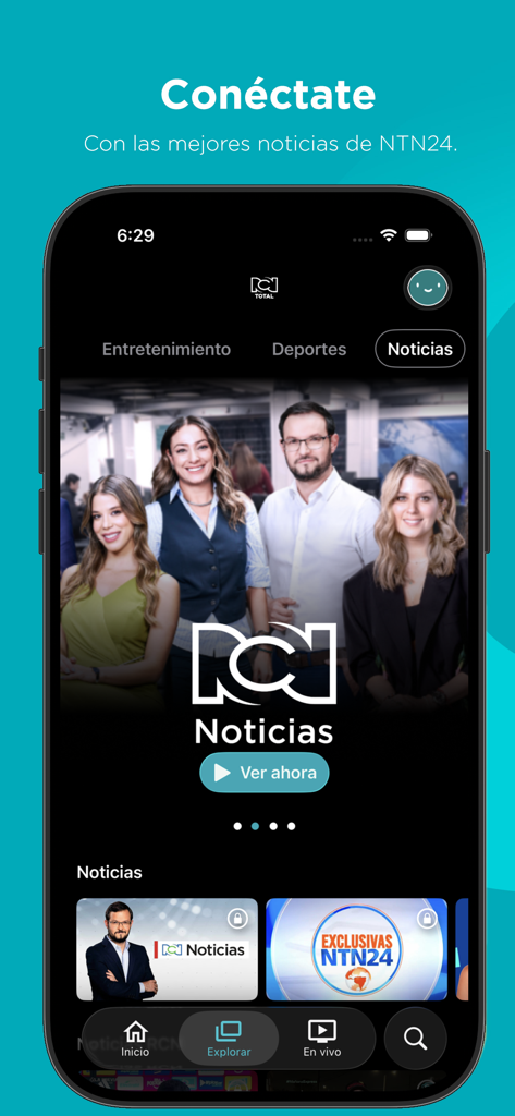 RCN Total - Sección de noticias de la aplicación RCN Total con presentadores de NTN24 y opción de transmisión de noticias en vivo
