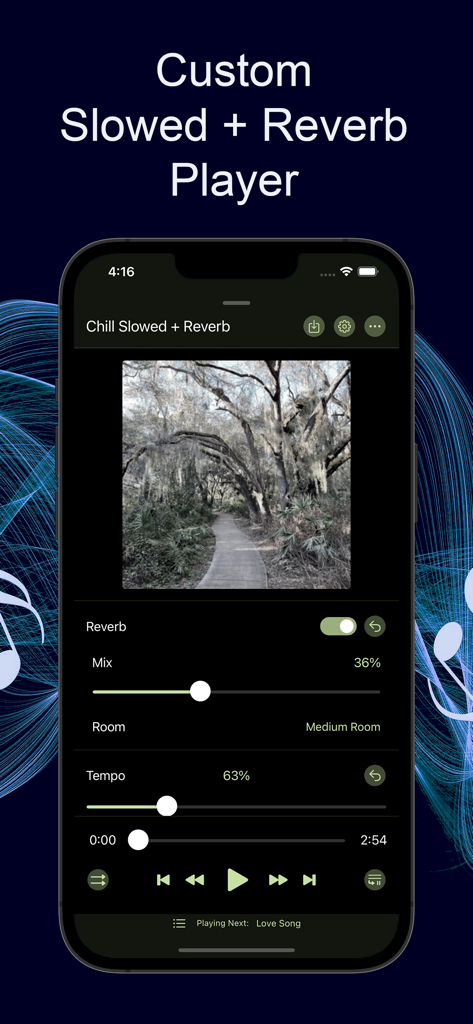 Interfaz del reproductor personalizado de slowed y reverb en la aplicación Music Speed Changer