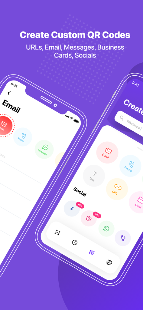 Interface of QR Creator app showing options to create custom QR codes for email and social media.
