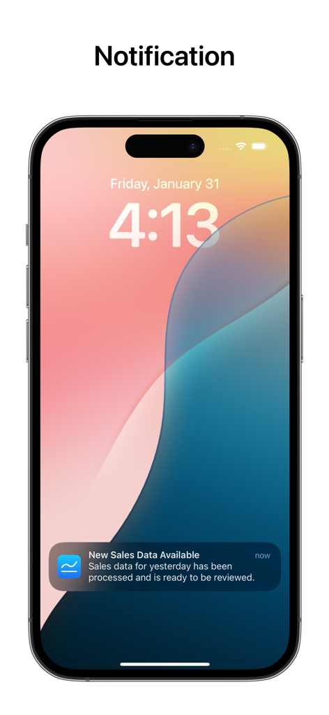 Peek: App Sales & Trends - iPhone lock screen showing a notification from the Peek app about new sales data available.