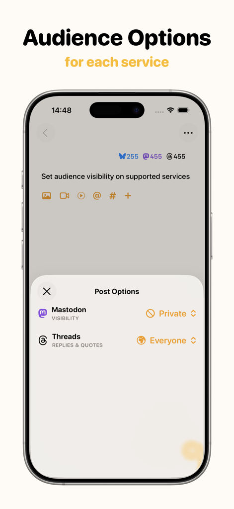 Croissant - Cross-Posting - Interface of the Croissant app displaying audience options for different social media platforms.