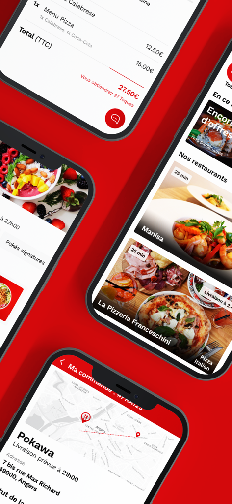 Frères Toque - Interface de l'application de livraison de repas Freres Toque affichant les options de restaurants et le suivi de commande en direct.