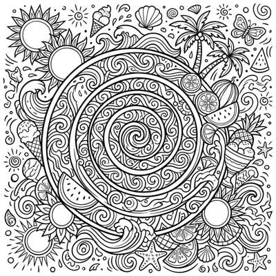 Unwind with this captivating coloring page featuring a mesmerizing hypnotic spiral intertwined with the joyous spirit of summer. Discover a vibrant collection of beach motifs, refreshing fruits, and sweet treats waiting for your creative touch.