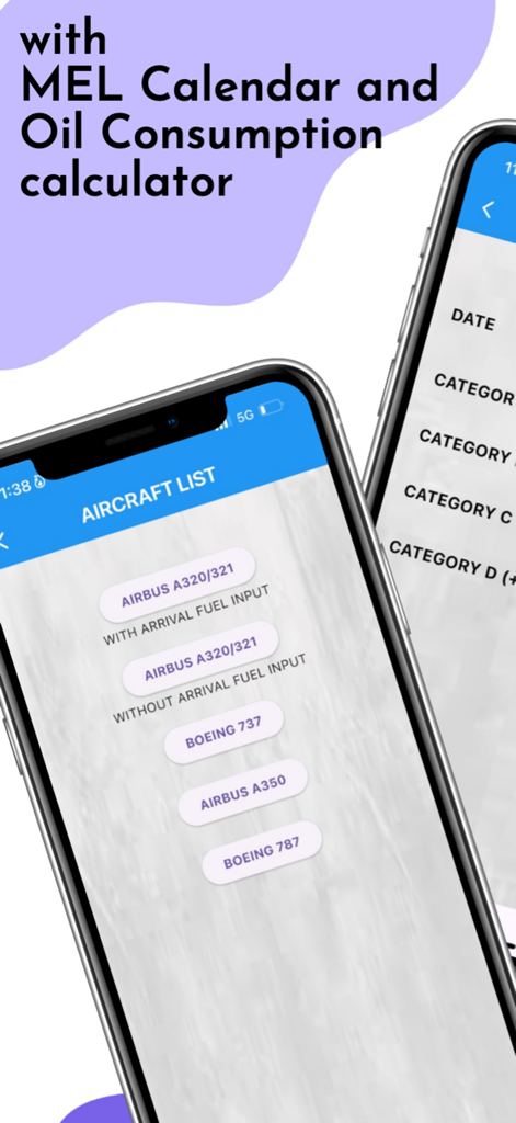 Fuel & Oil Calculator - Interface of the Fuel and Oil Calculator app displaying a list of aircraft models like Boeing and Airbus.