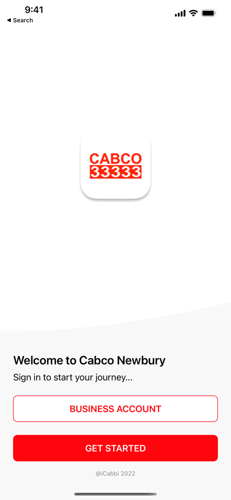 Cabco Newbury - Welcome screen of the Cabco Newbury taxi booking app with buttons for Business Account and Get Started